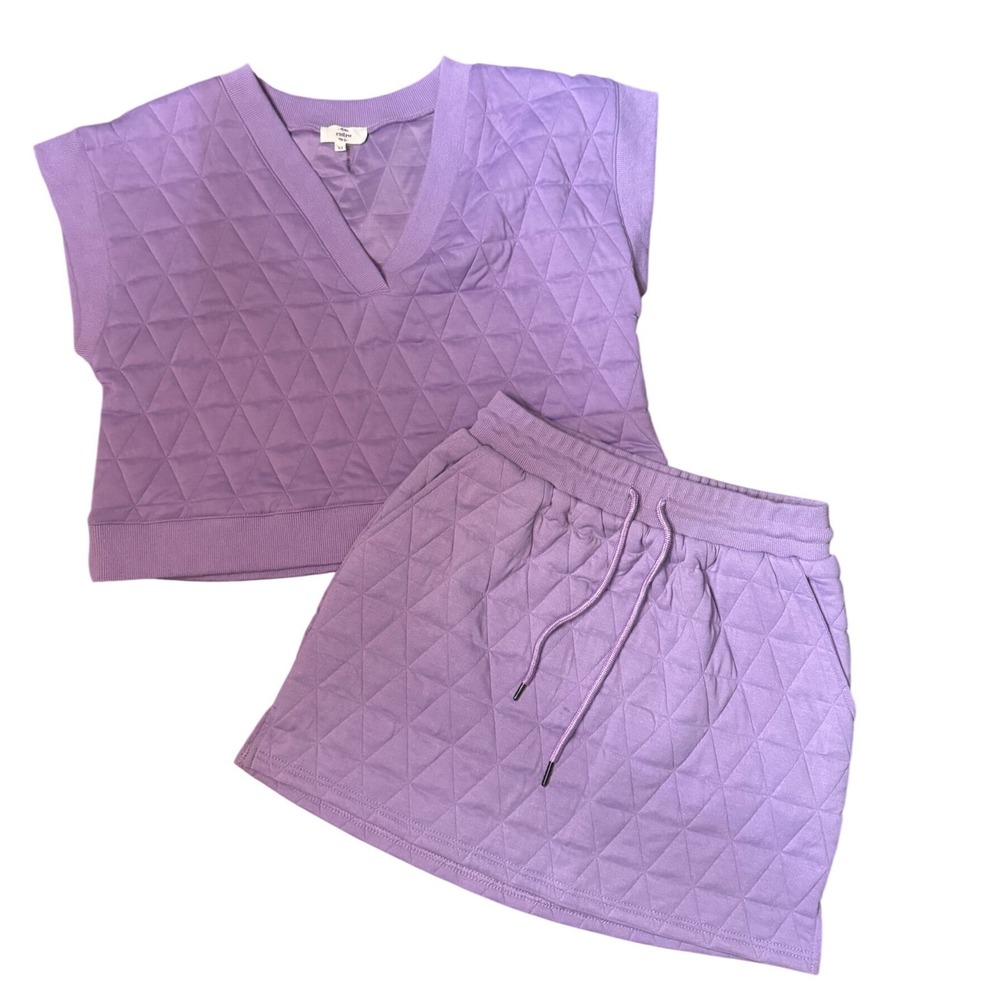 Entro Lavender Purple Quilted Triangle V-Neck Top and Mini Skirt Set Womens M - Picture 2 of 7